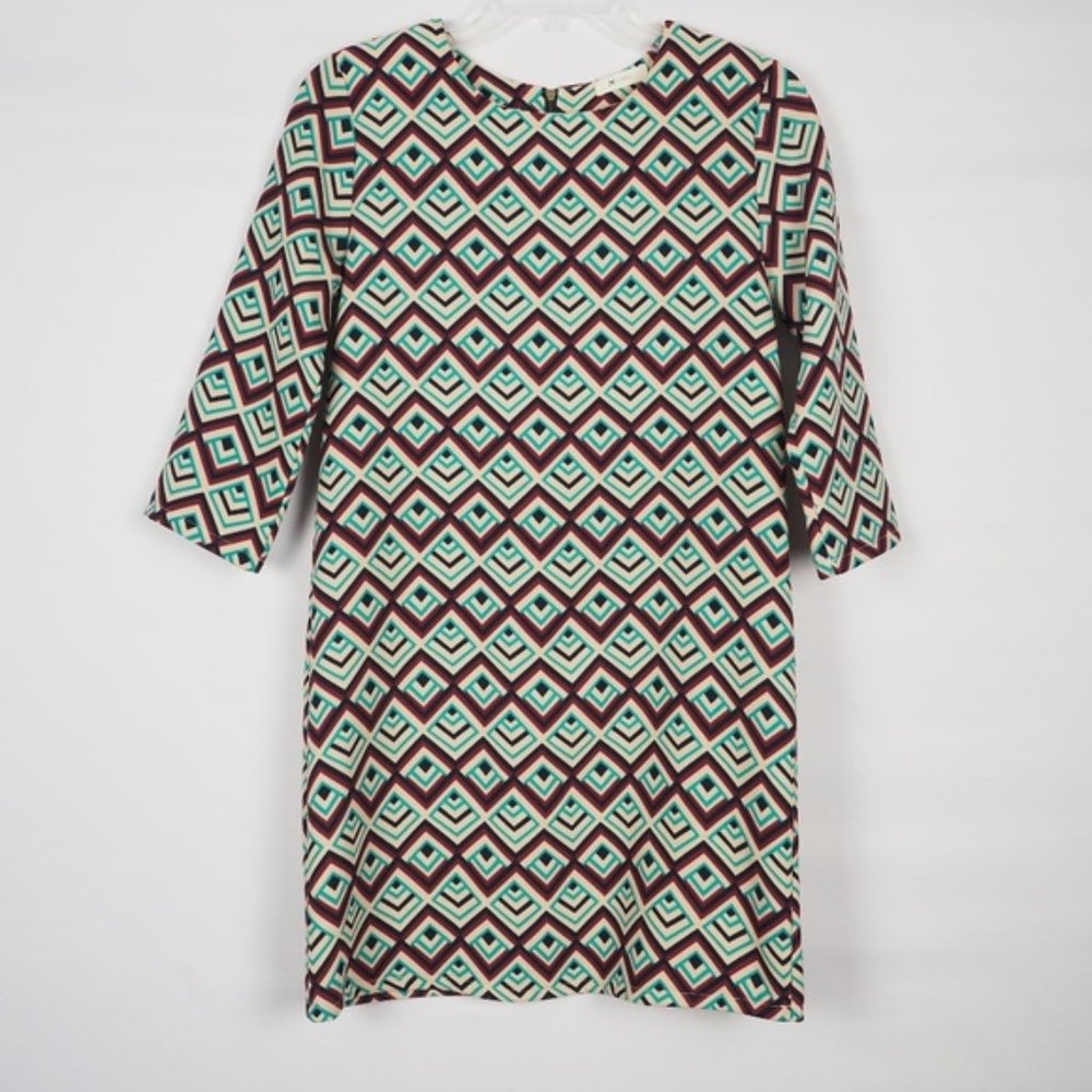 Everly Geo Diamond Print Dress 3/4 Sleeve Tan S